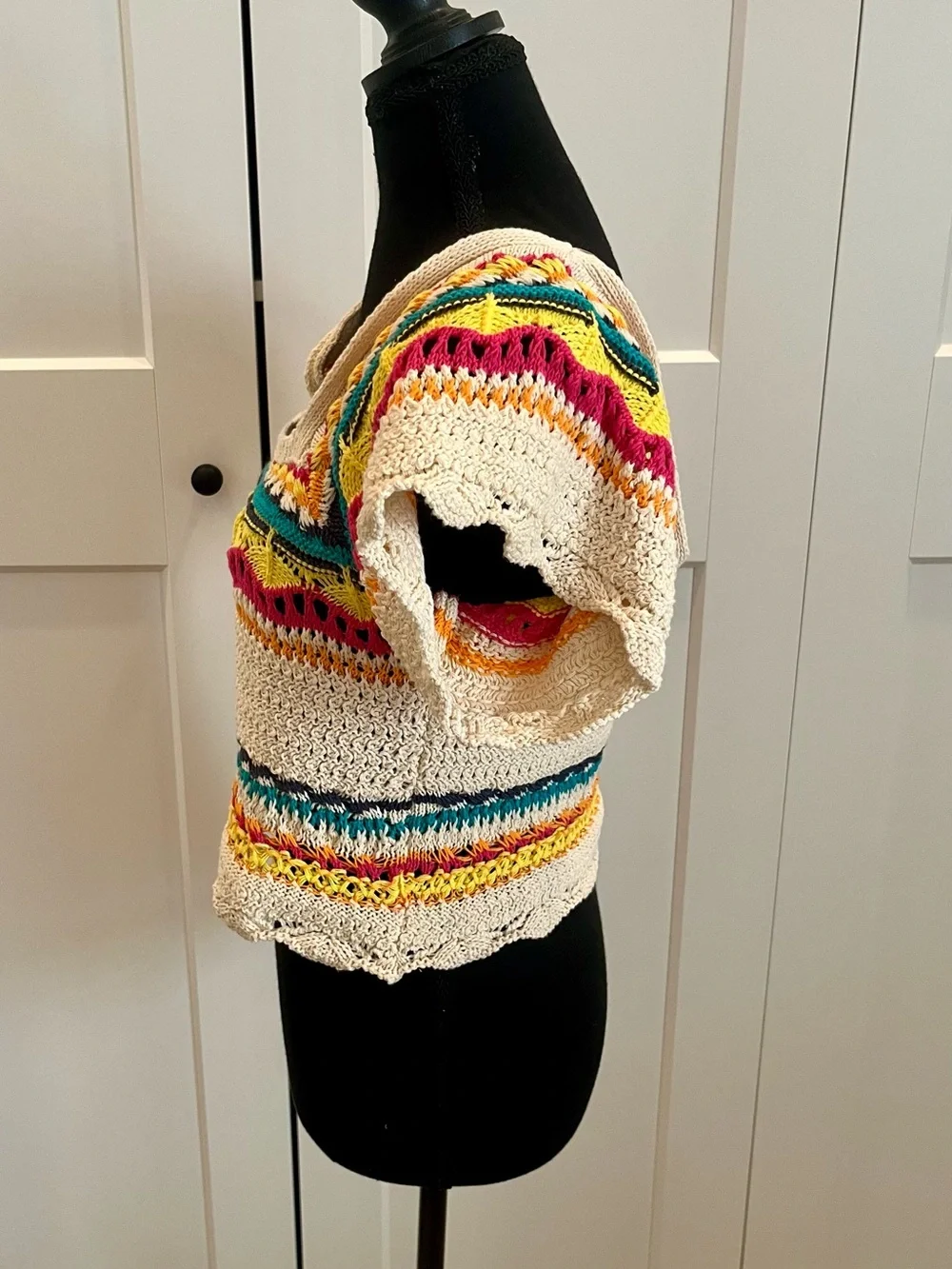 NWT Zara Cream Crochet Crop Top with Bright Multicolor Stripes Bohemian Hippie